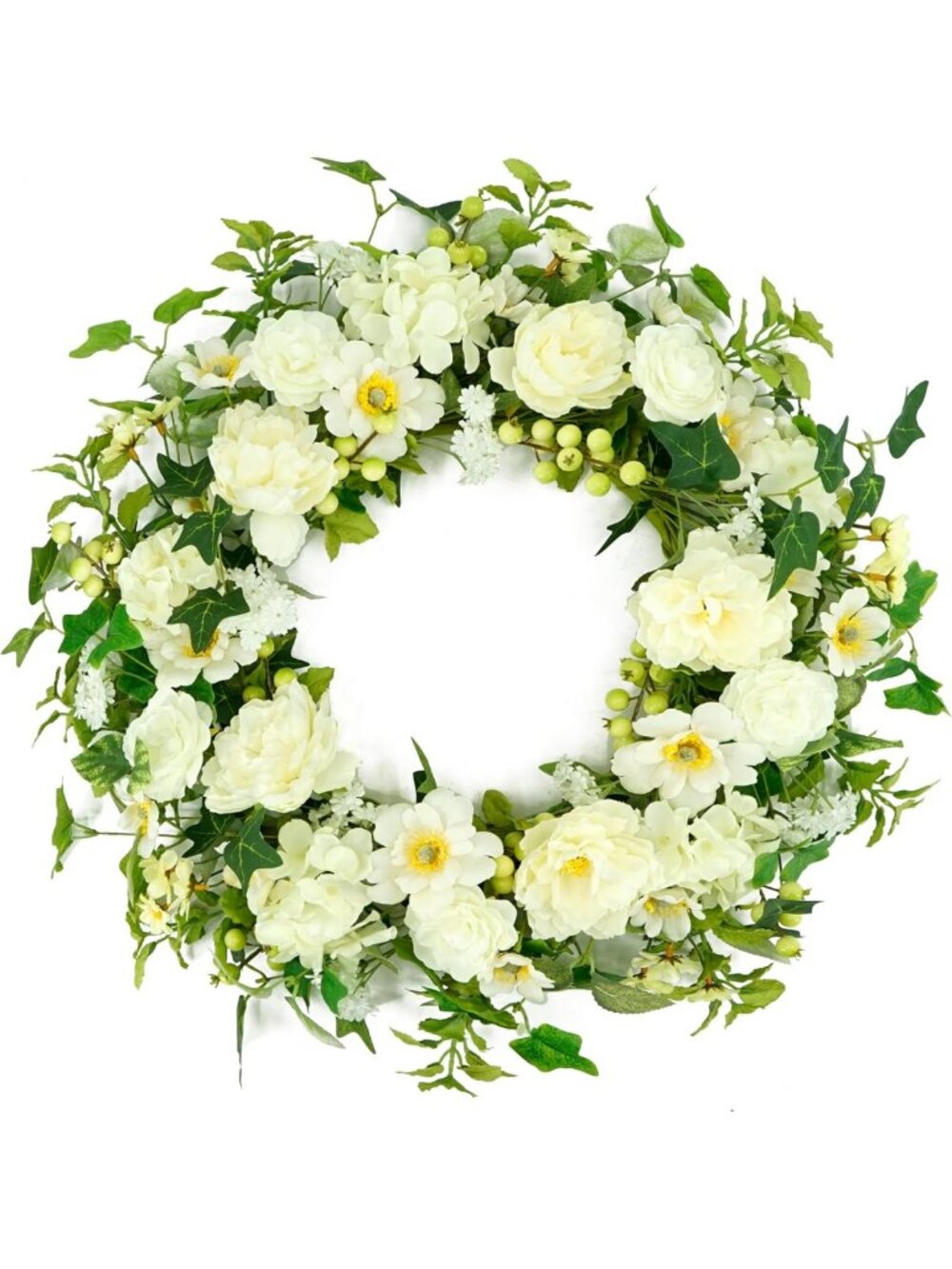 22-Inch Artificial Spring Wreath with Peony, Hydrangeas & Daisies for Home Decor